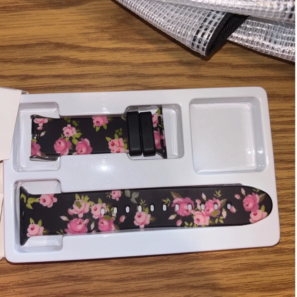 WFEAGL Apple Watch Band 38mm 40mm Black Pink Floral Rose Leather Strap NEW